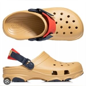 Size 10 Men's. Size 12 Women's.CROCS  Clog with Red Accent and Navy Strap - Tan